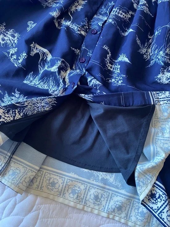 Navy Toile Print Shirt Dress Belted European Summer Style - Picture 5 of 8